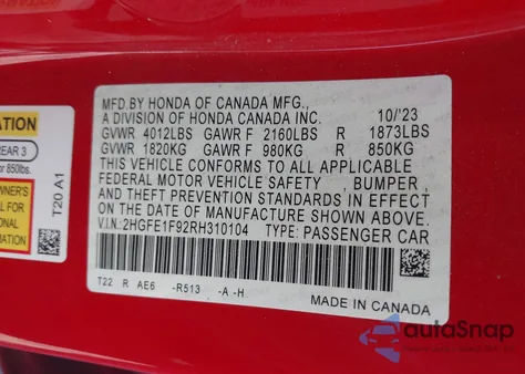 2024 Honda Civic Touring из США, поврежденный, VIN 2HGFE1F92RH310104